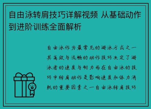 自由泳转肩技巧详解视频 从基础动作到进阶训练全面解析